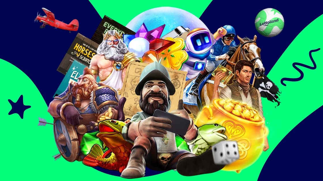 Diverse collection of Lottoland games featuring casino, lottery and gaming characters on vibrant background